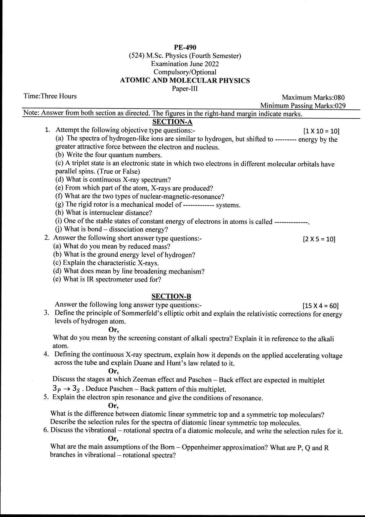 Bilaspur University Question Paper June 2022:M.Sc. Physics (Fourth Semester) Atomic And Molecular Physics Paper 1 - Page 1