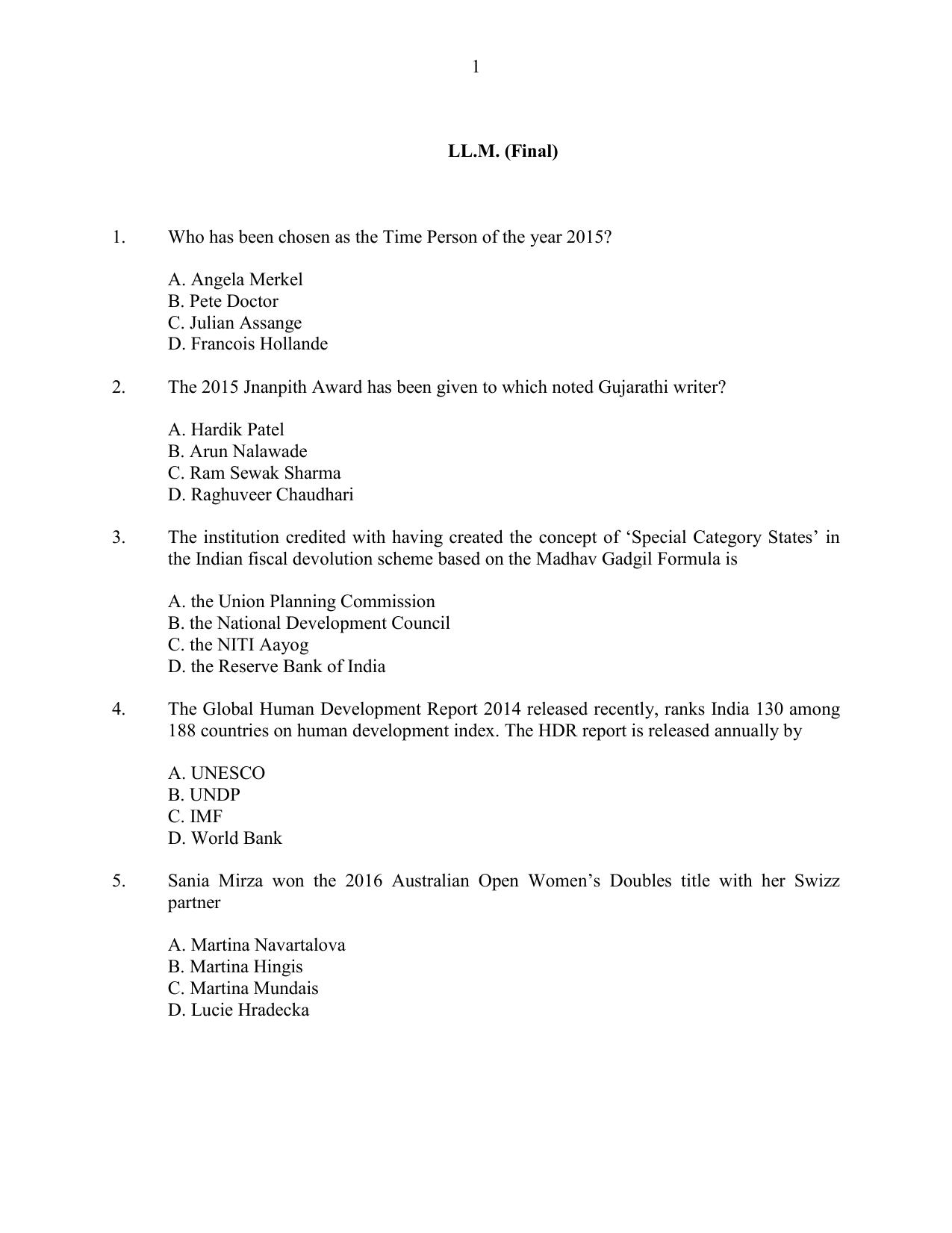 CUSAT CAT 2016 LLM Question Paper - Page 1