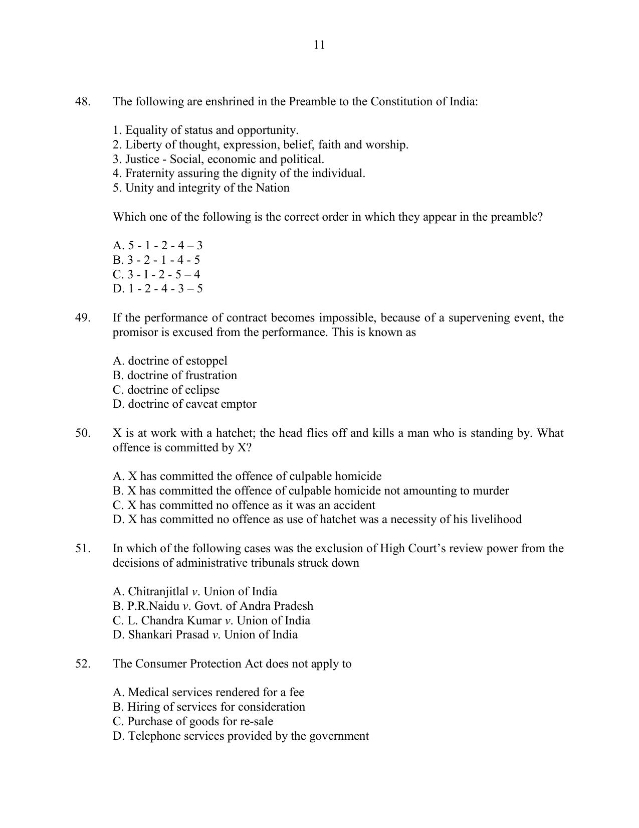 CUSAT CAT 2016 LLM Question Paper - Page 11