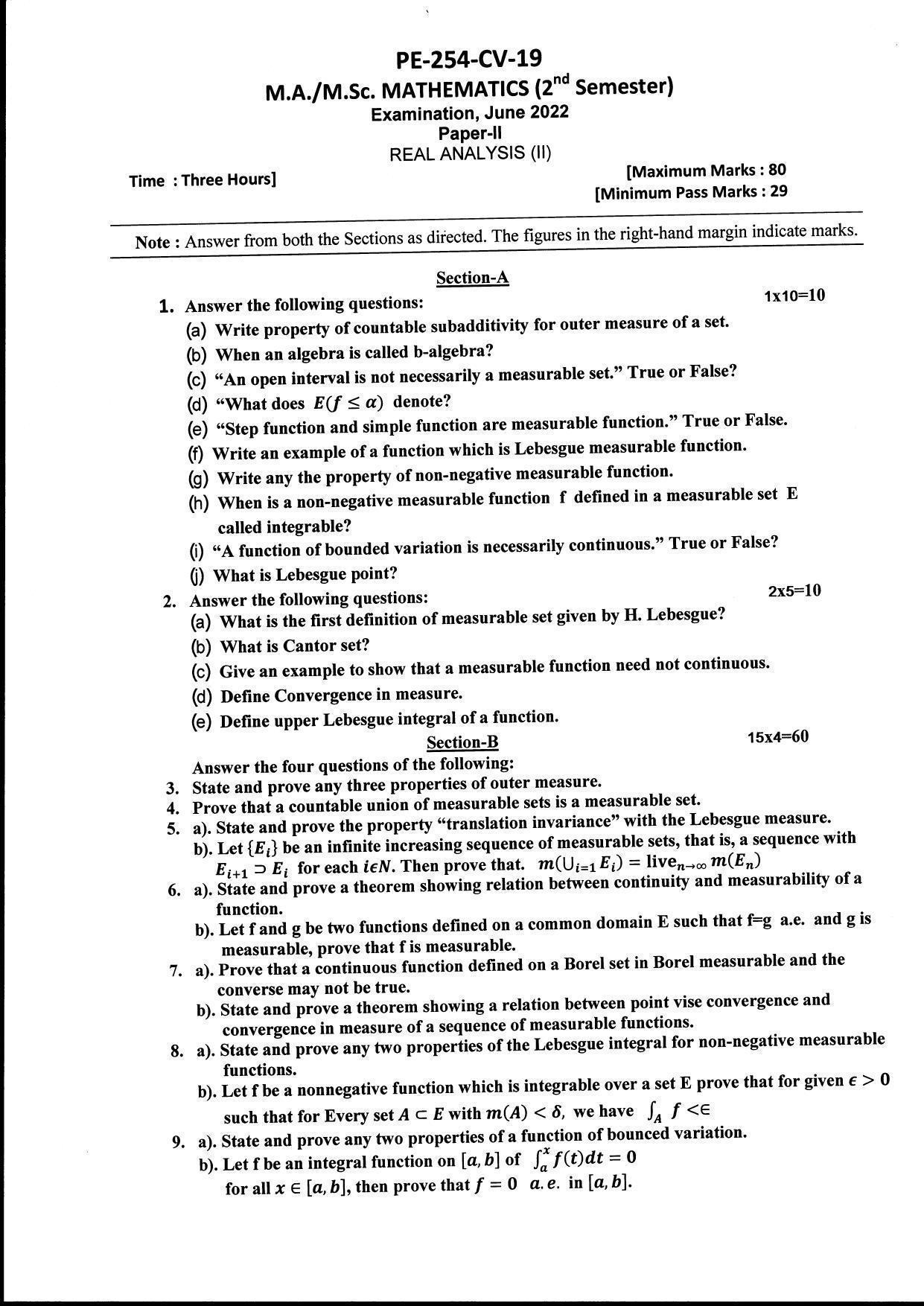 Bilaspur University Question Paper June 2022:M.A./M.Sc. Mathematics (Second Semester) Real Analysis (II) Paper 1 - Page 1