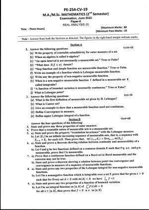 Bilaspur University Question Paper June 2022:M.A./M.Sc. Mathematics (Second Semester) Real Analysis (II) Paper 1