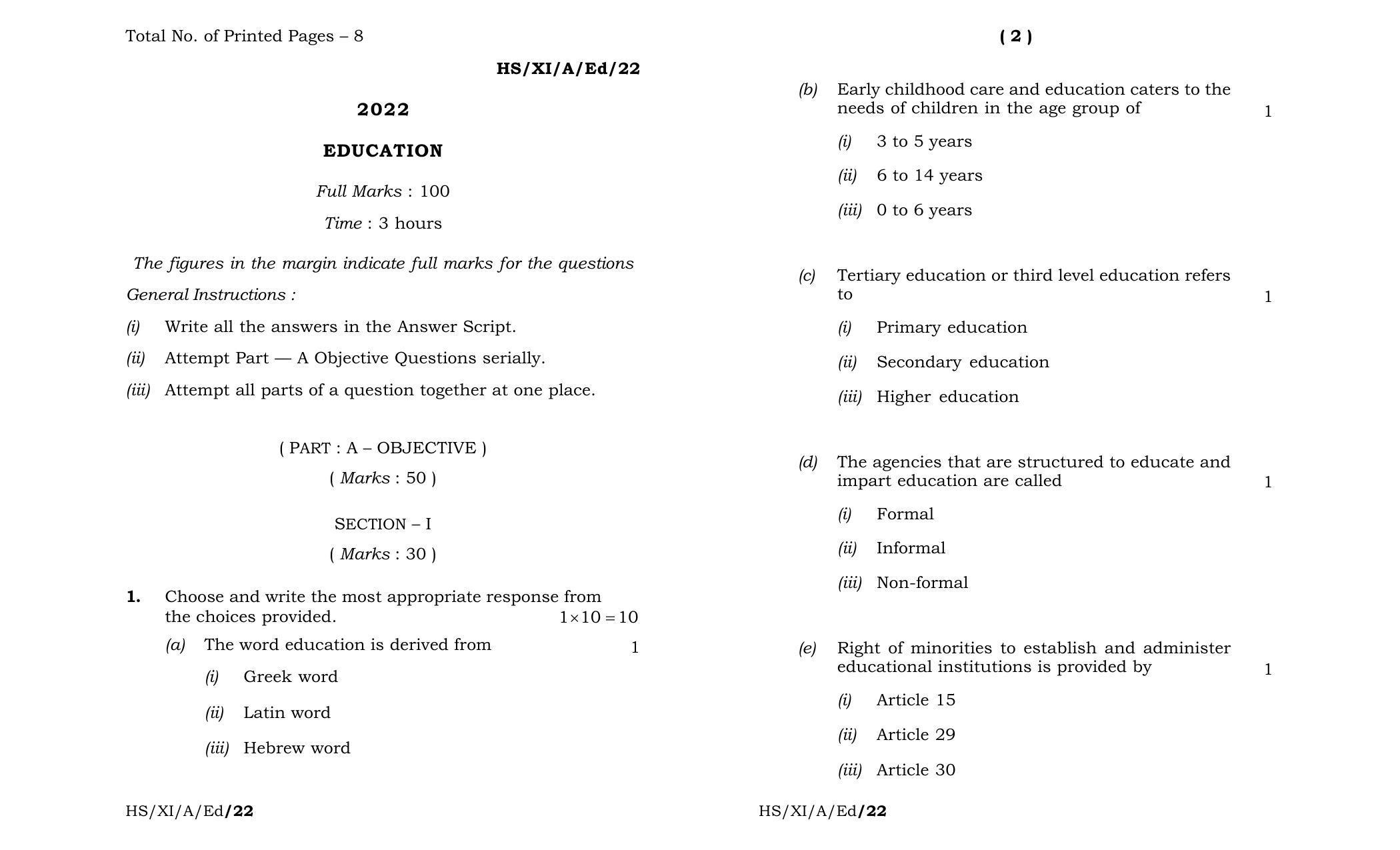 Meghalaya Board (MBOSE) Class 11 Education (theory) 2022 Question Paper - Page 1