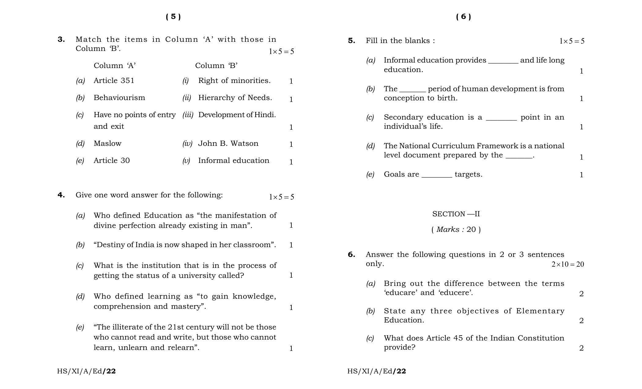 Meghalaya Board (MBOSE) Class 11 Education (theory) 2022 Question Paper - Page 3
