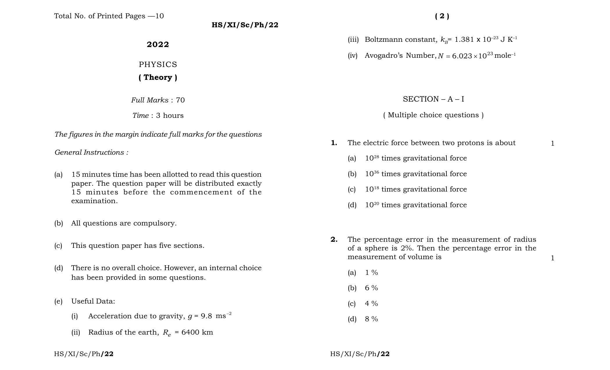 Meghalaya Board (MBOSE) Class 11 Physics (theory) 2022 Question Paper - Page 1