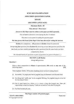ICSE Class 10 Khasi Sample Papers 2023