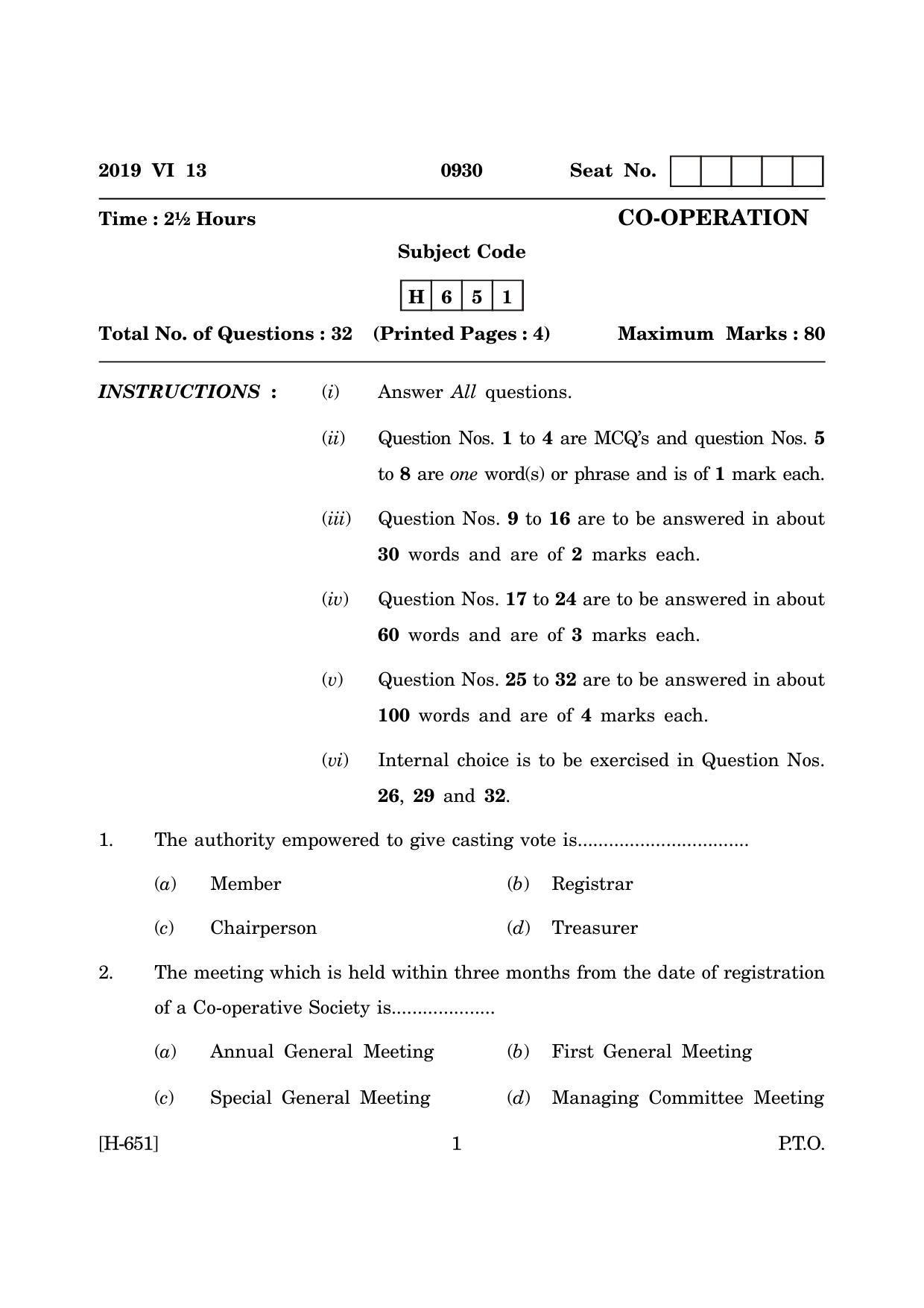 Goa Board Class 12 Co-operation (June 2019) Question Paper - Page 1