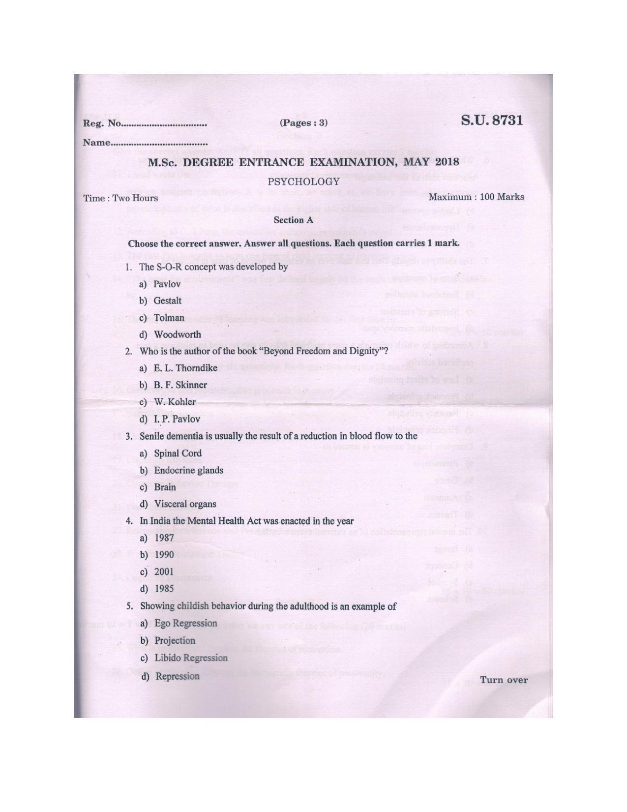 SSUS Entrance Exam PSYCHOLOGY 2018 Question Paper - Page 1