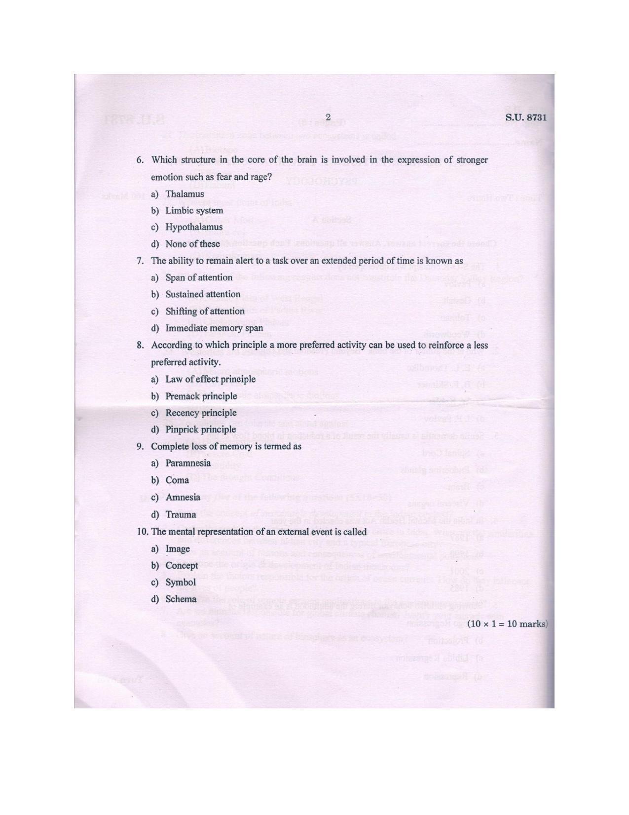 SSUS Entrance Exam PSYCHOLOGY 2018 Question Paper - Page 2