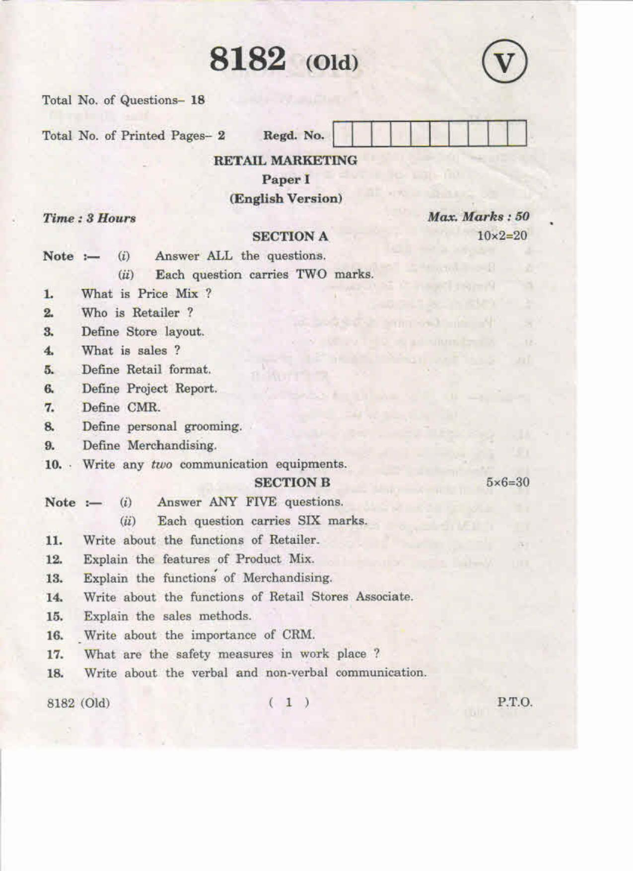 AP Inter 1st Year Retails Marketing-I (Old) May-2019-Vocational Question Paper - Page 1
