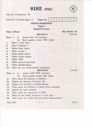 AP Inter 1st Year Retails Marketing-I (Old) May-2019-Vocational Question Paper