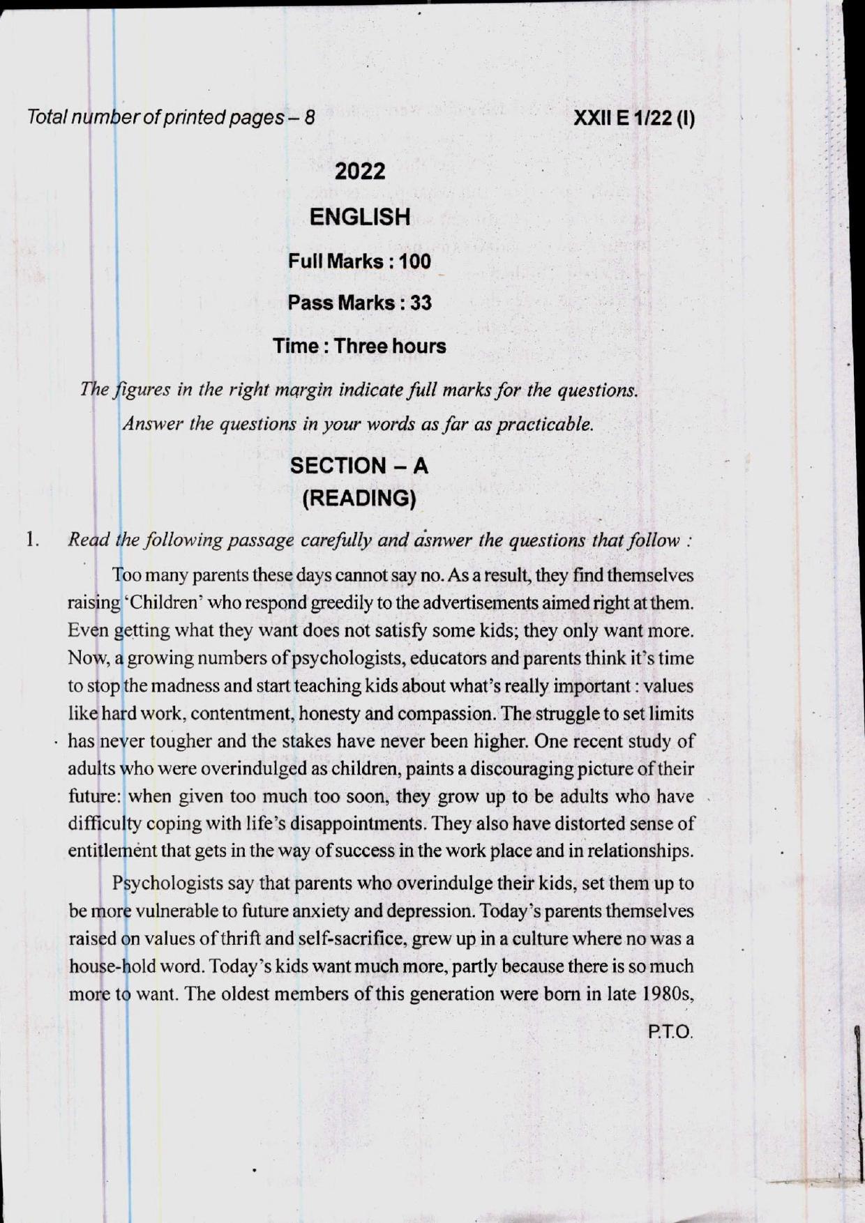 COHSEM 12th Question Papers Improvement 2022  - Page 1
