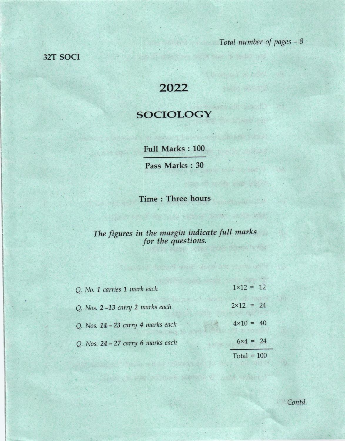 AHSEC Class 12 Sociology Question Papers 2022 - Page 1