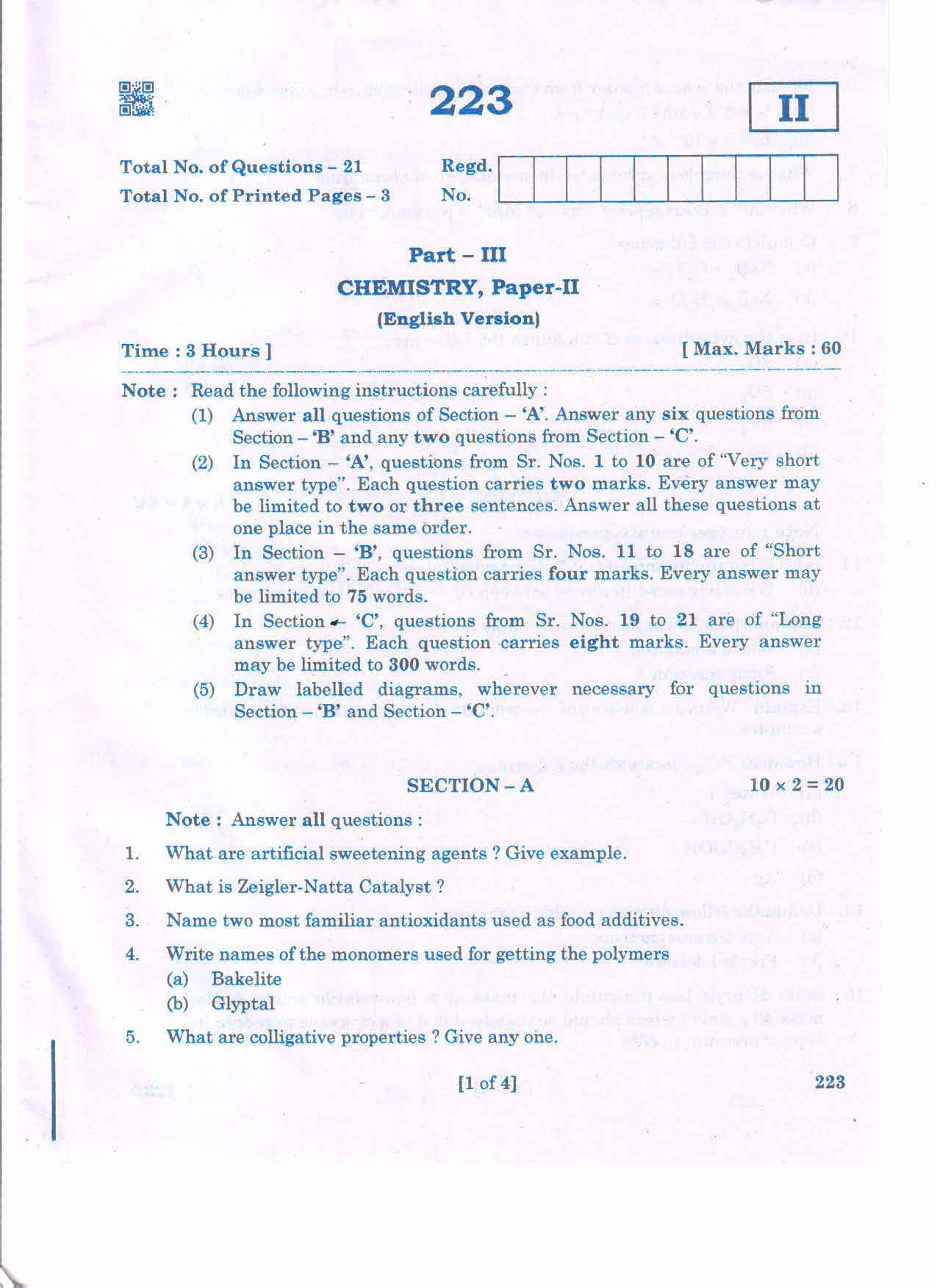 AP Inter 1st Year CHEMISTRY-II (EM) March-2020-General Question Paper - Page 1