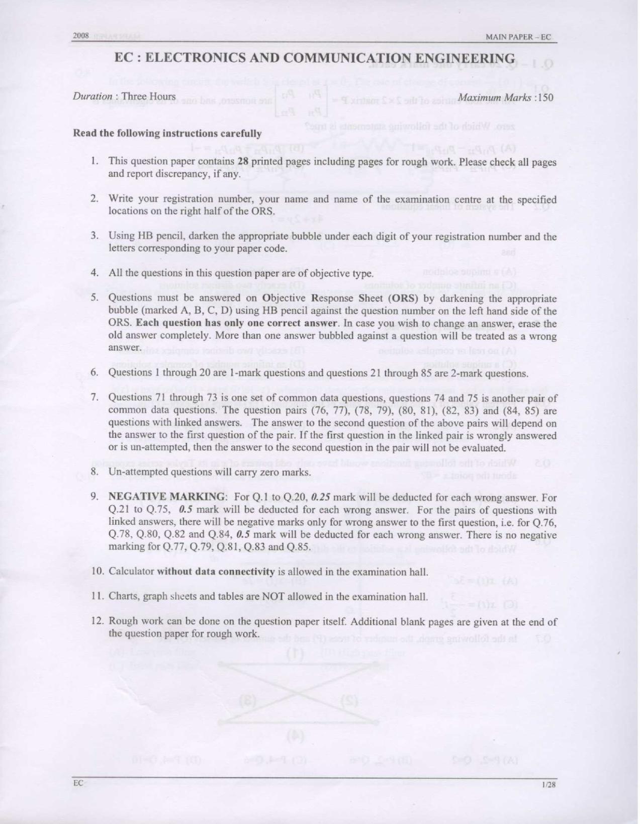 GATE 2008 Electronics and Communication Engineering (EC) Question Paper with Answer Key - Page 1
