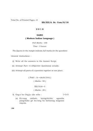 Meghalaya Board (MBOSE) Class 12 GARO 2018 Question Paper