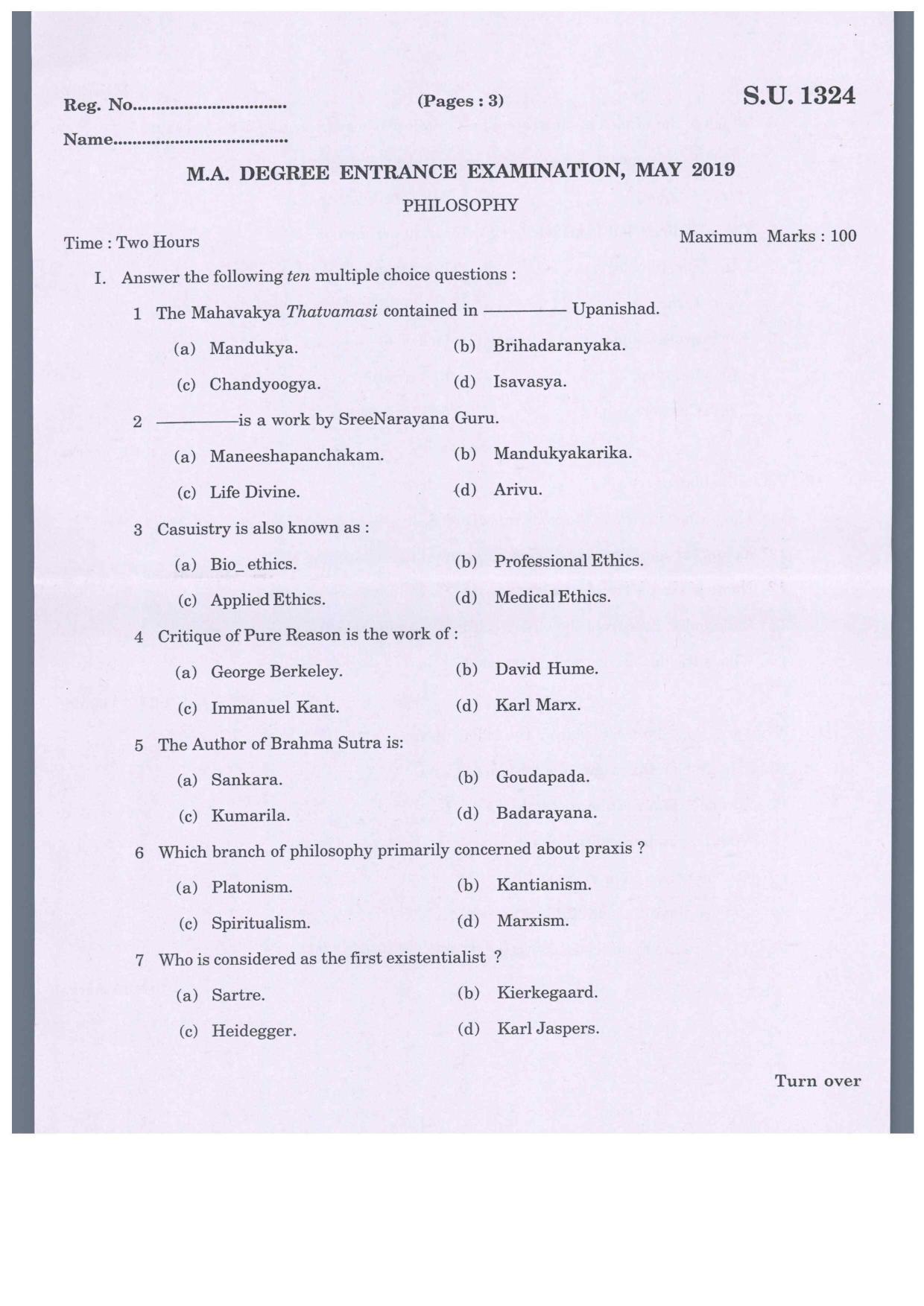 SSUS Entrance Exam PHILOSOPHY 2019 Question Paper - Page 1