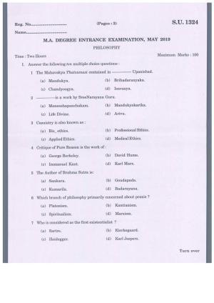 SSUS Entrance Exam PHILOSOPHY 2019 Question Paper