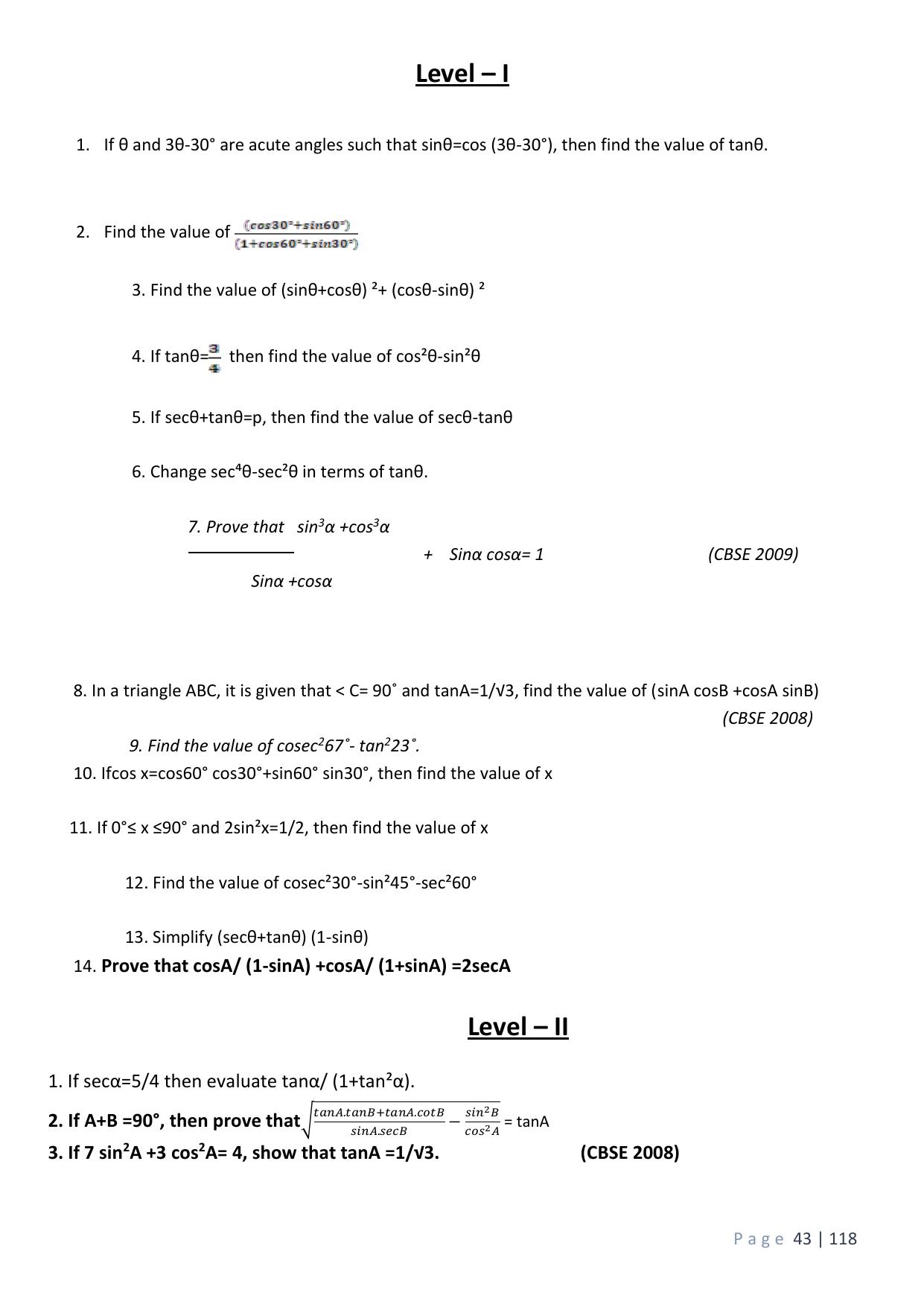 CBSE Worksheets for Class 10 Maths Applications of Trigonometry Assignment 2 - Page 3