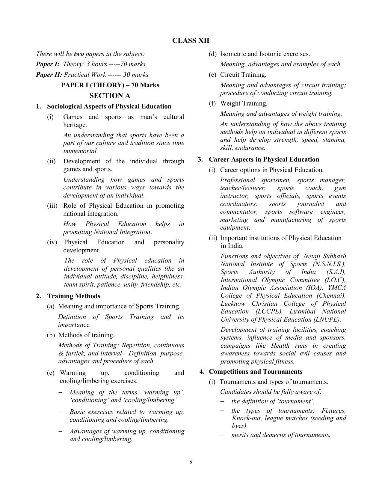 ISC Class XI & XII Physical Education 2025 Syllabus - Page 8