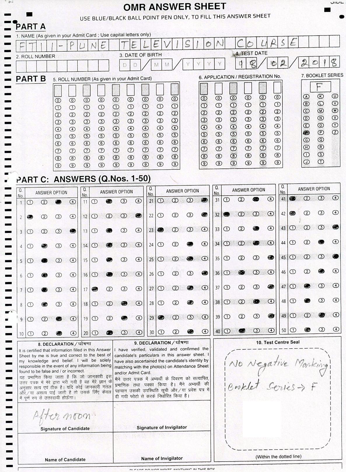 FTII JET Objective F Series (TV Courses) 2018 Answer Key - Page 1