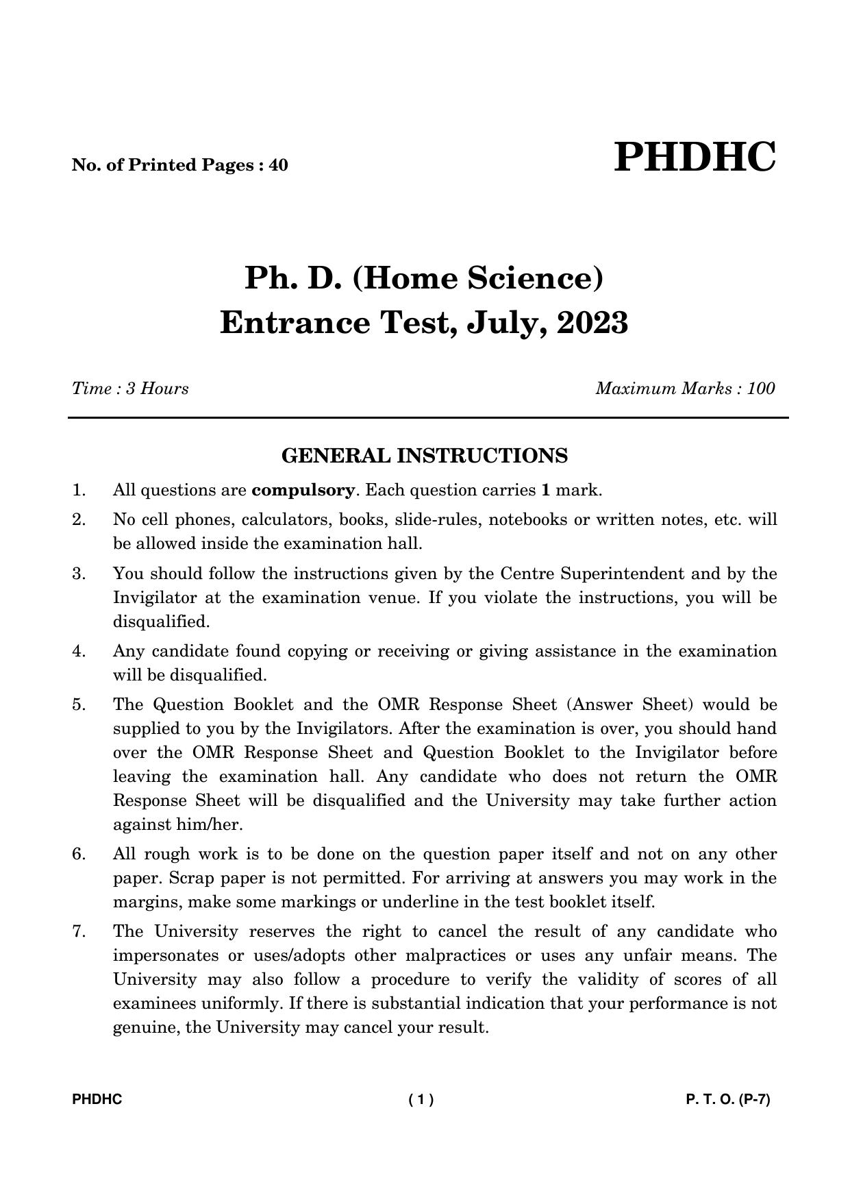 IGNOU PhD Entrance Test Ph. D. (Home Science) Entrance Test, July, 2023 Question Paper - Page 2