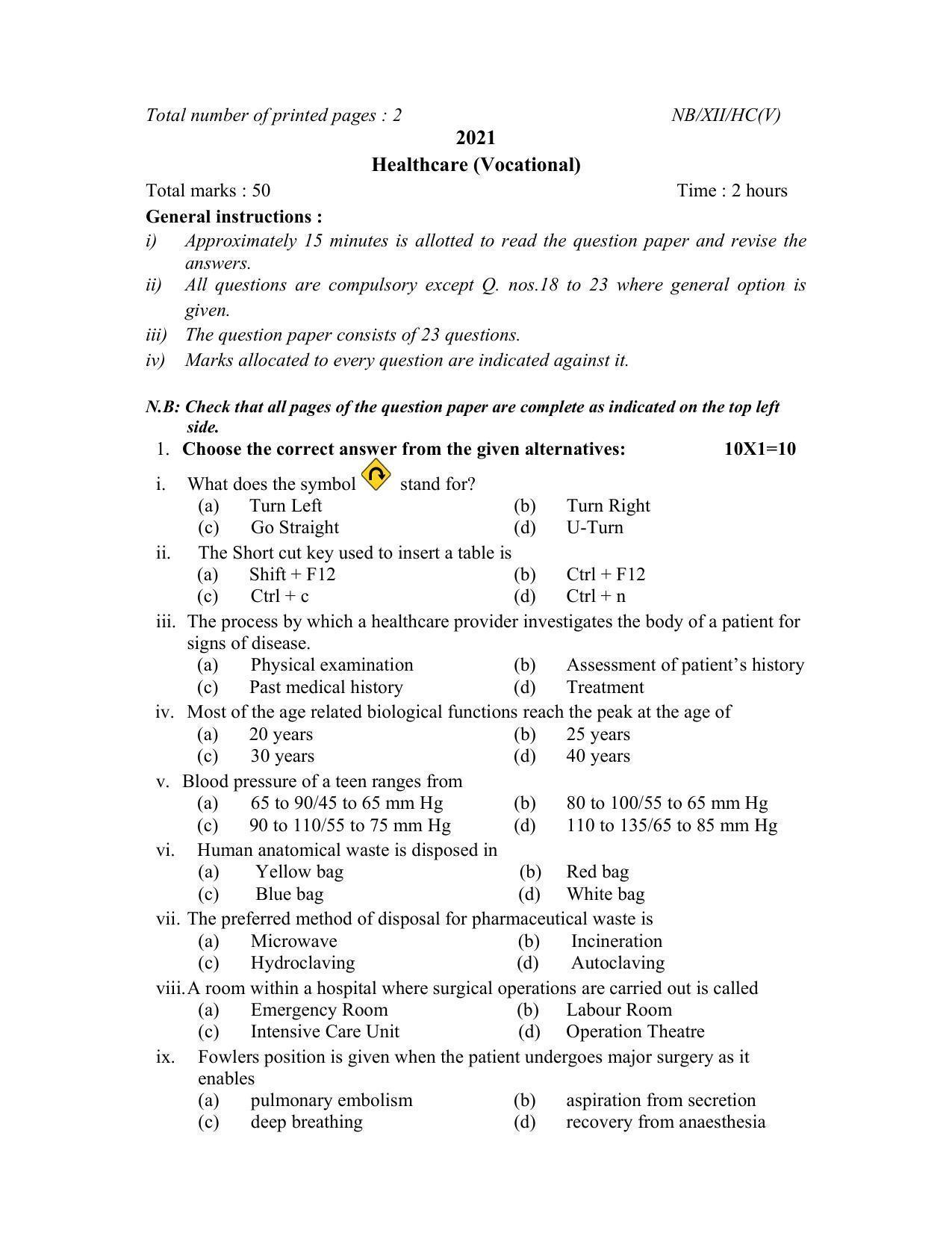 Nagaland Board Class 12 Healthcare(Vocational) 2021 Question Paper - Page 1