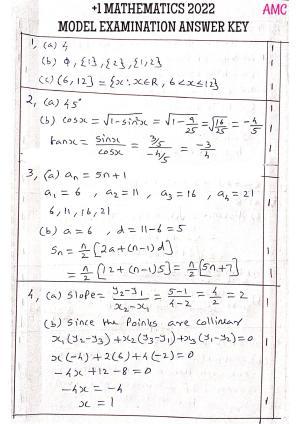 Kerala Plus One 2022 Maths (Science) Answer Key (Model)