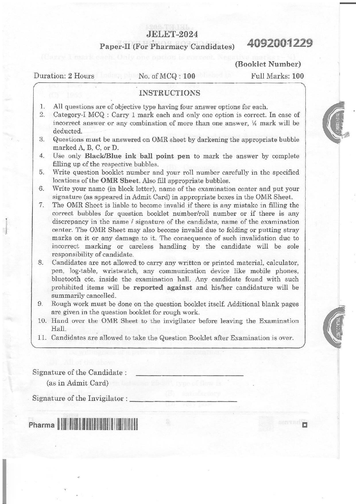 WBJEE JELET 2024 Paper II (Pharmacy) Question Papers - Page 1