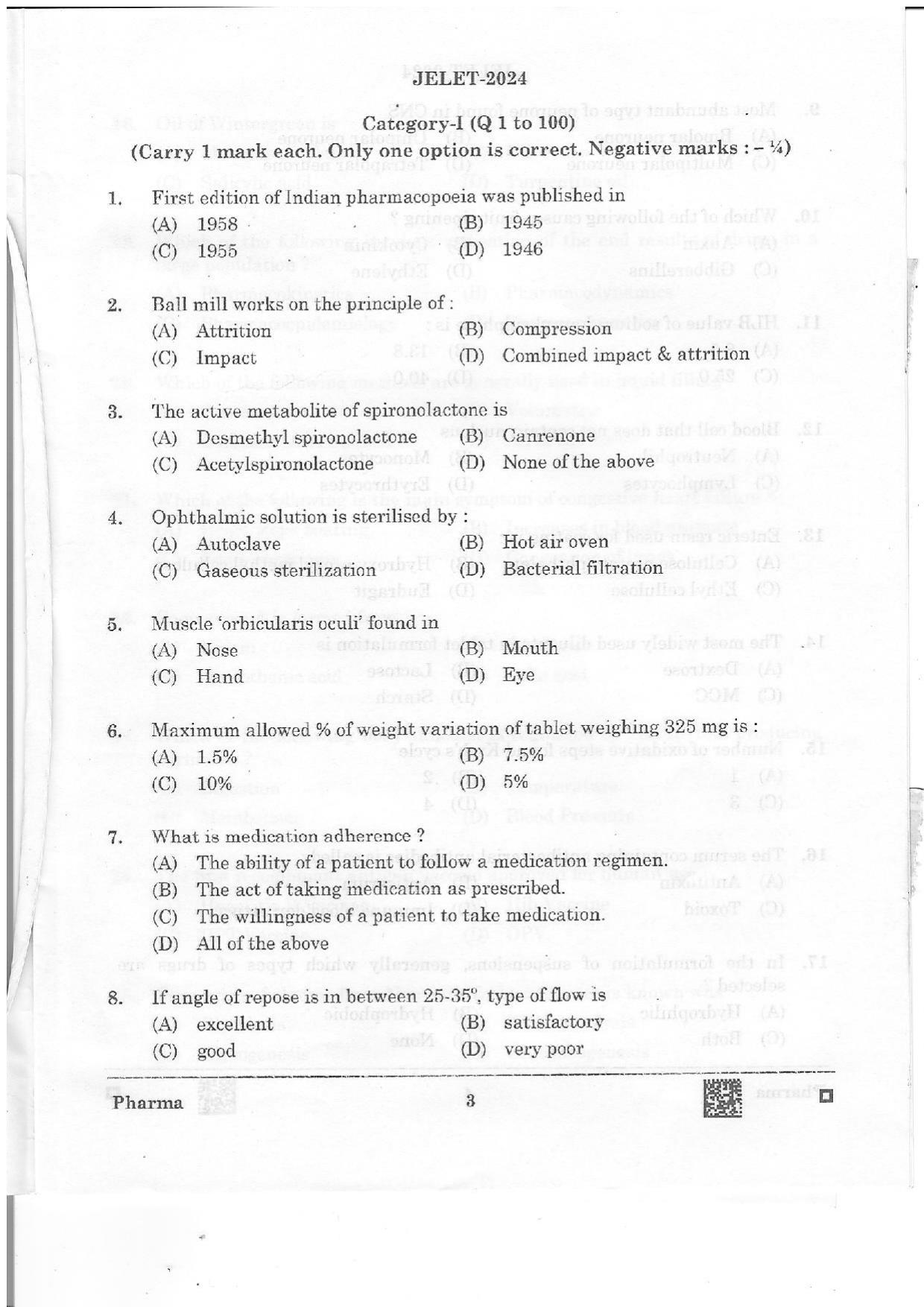 WBJEE JELET 2024 Paper II (Pharmacy) Question Papers - Page 3
