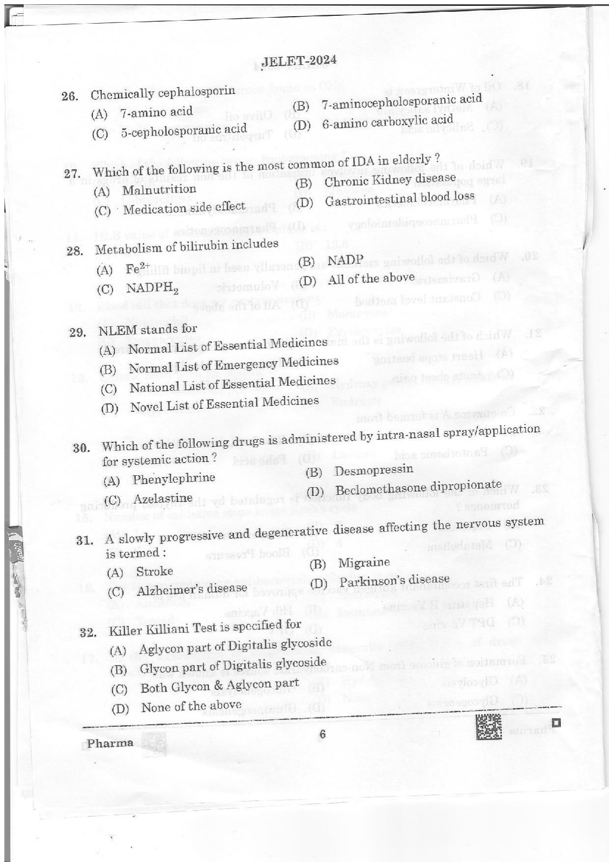 WBJEE JELET 2024 Paper II (Pharmacy) Question Papers - Page 6