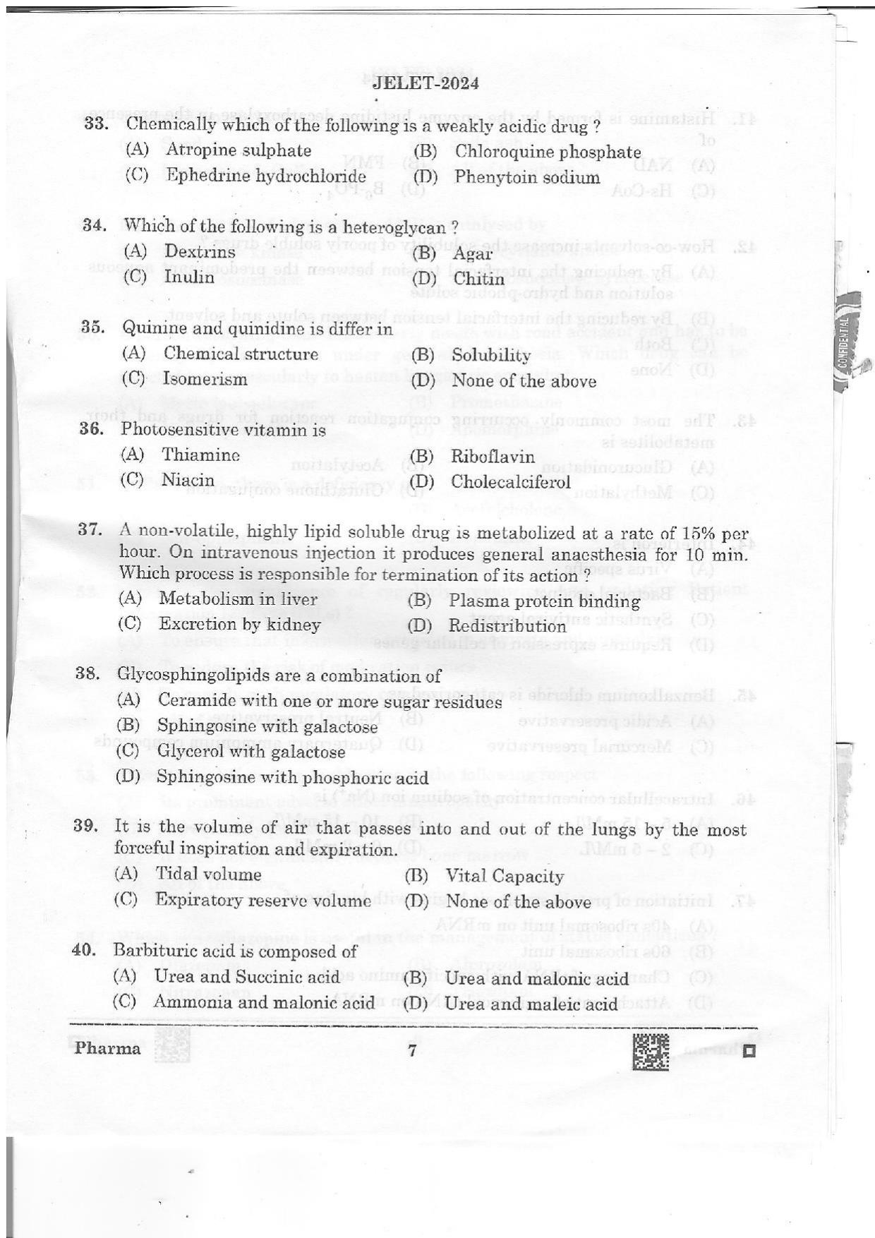 WBJEE JELET 2024 Paper II (Pharmacy) Question Papers - Page 7