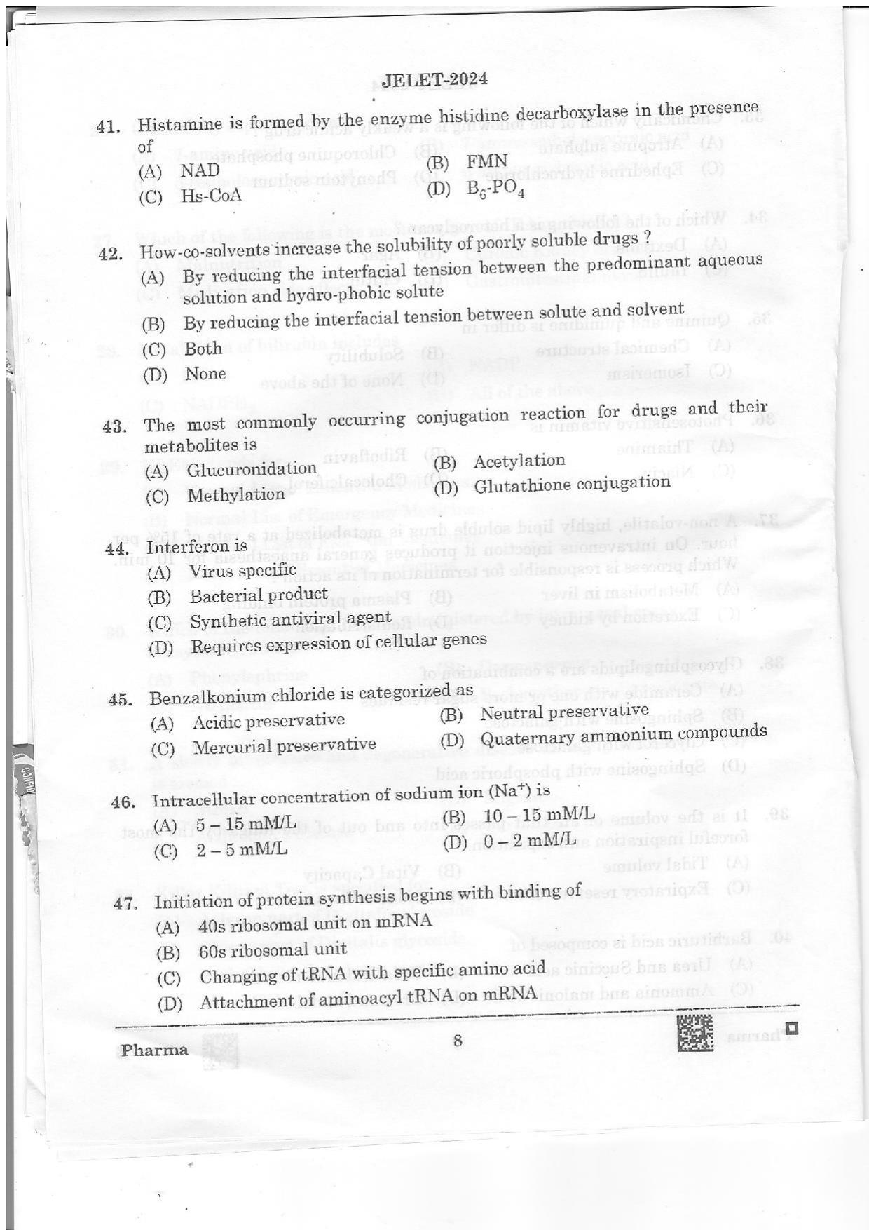 WBJEE JELET 2024 Paper II (Pharmacy) Question Papers - Page 8