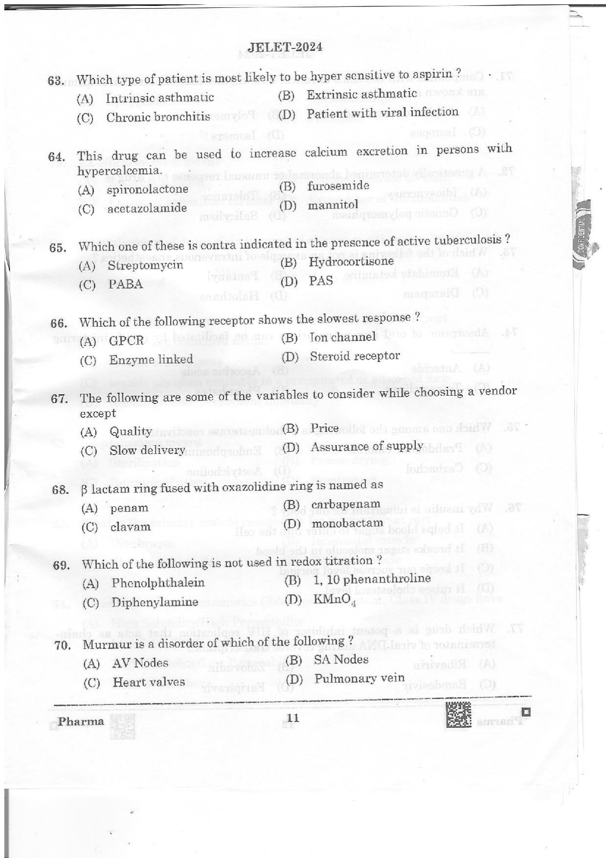 WBJEE JELET 2024 Paper II (Pharmacy) Question Papers - Page 11