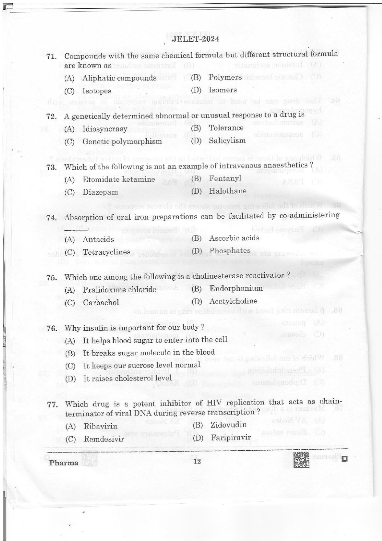 WBJEE JELET 2024 Paper II (Pharmacy) Question Papers - Page 12