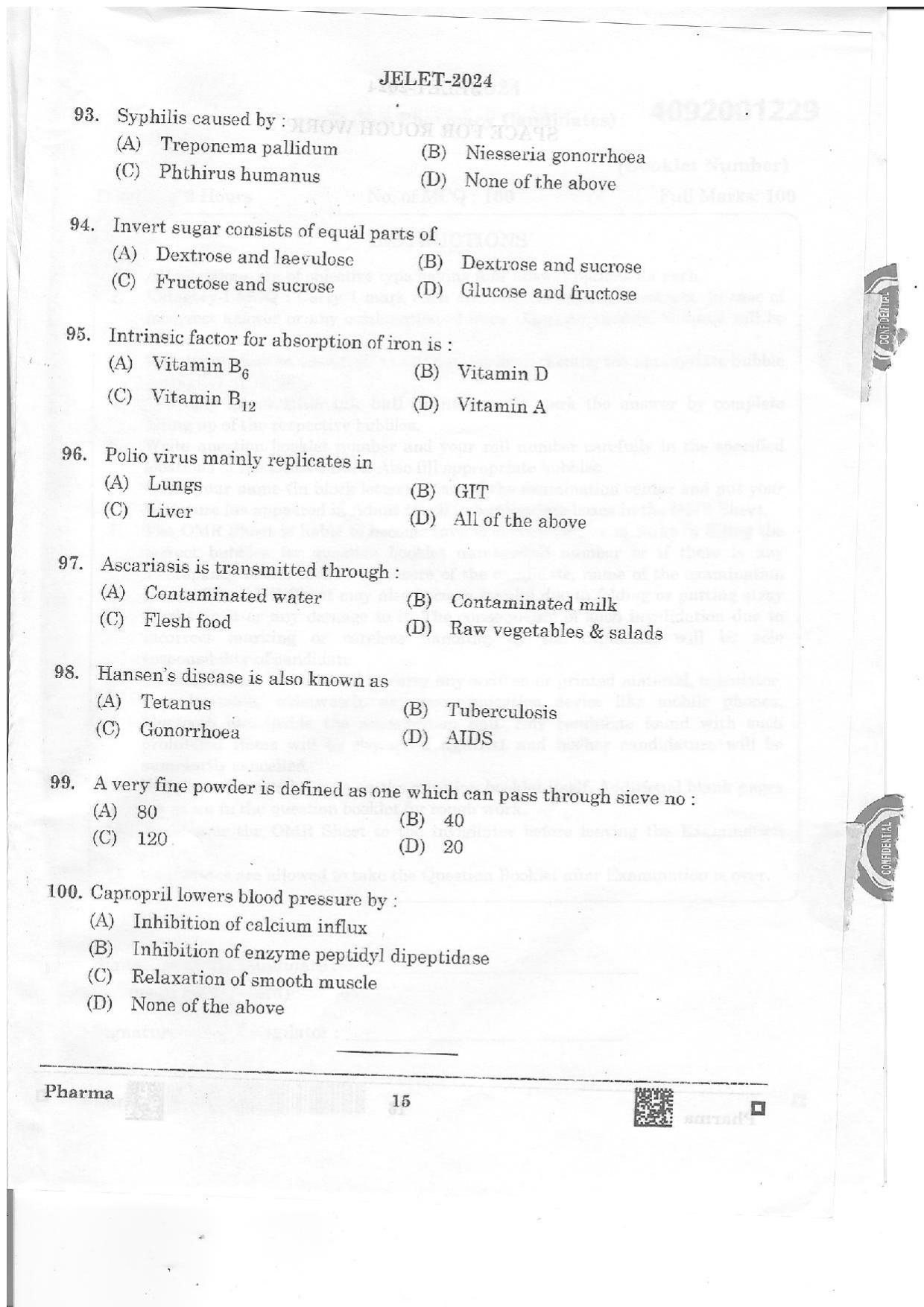 WBJEE JELET 2024 Paper II (Pharmacy) Question Papers - Page 15