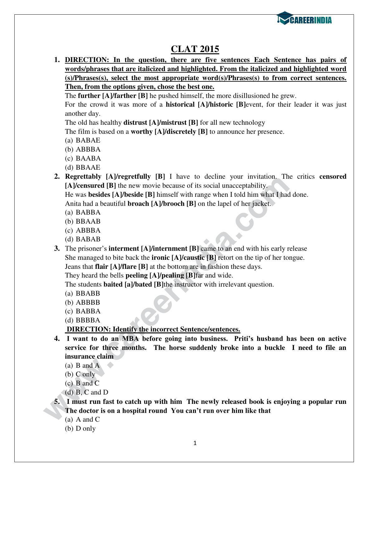 CLAT 2015 UG Question Paper with Answer Key - Page 1