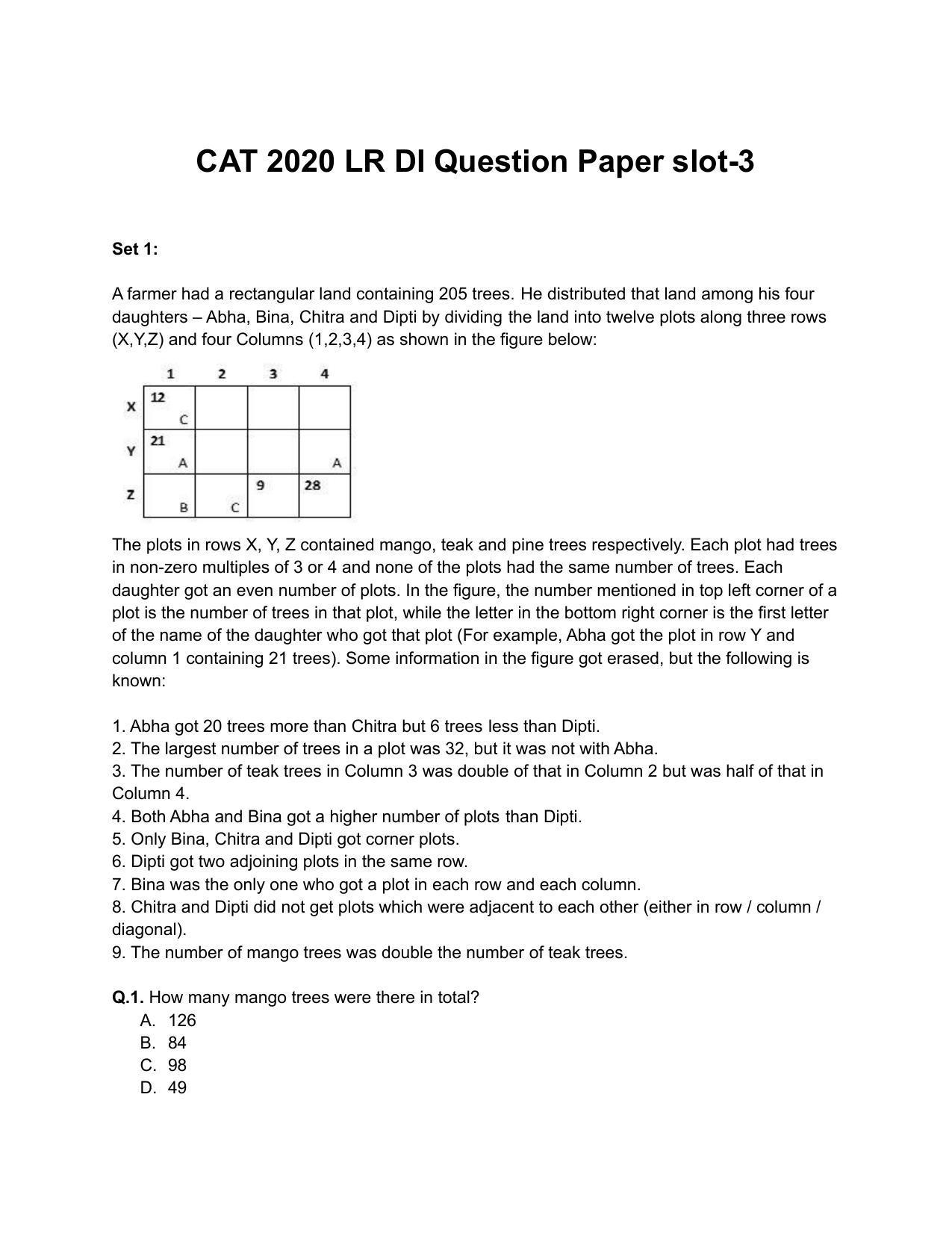 CAT 2020 CAT DILR Slot 3 Question Paper - Page 1