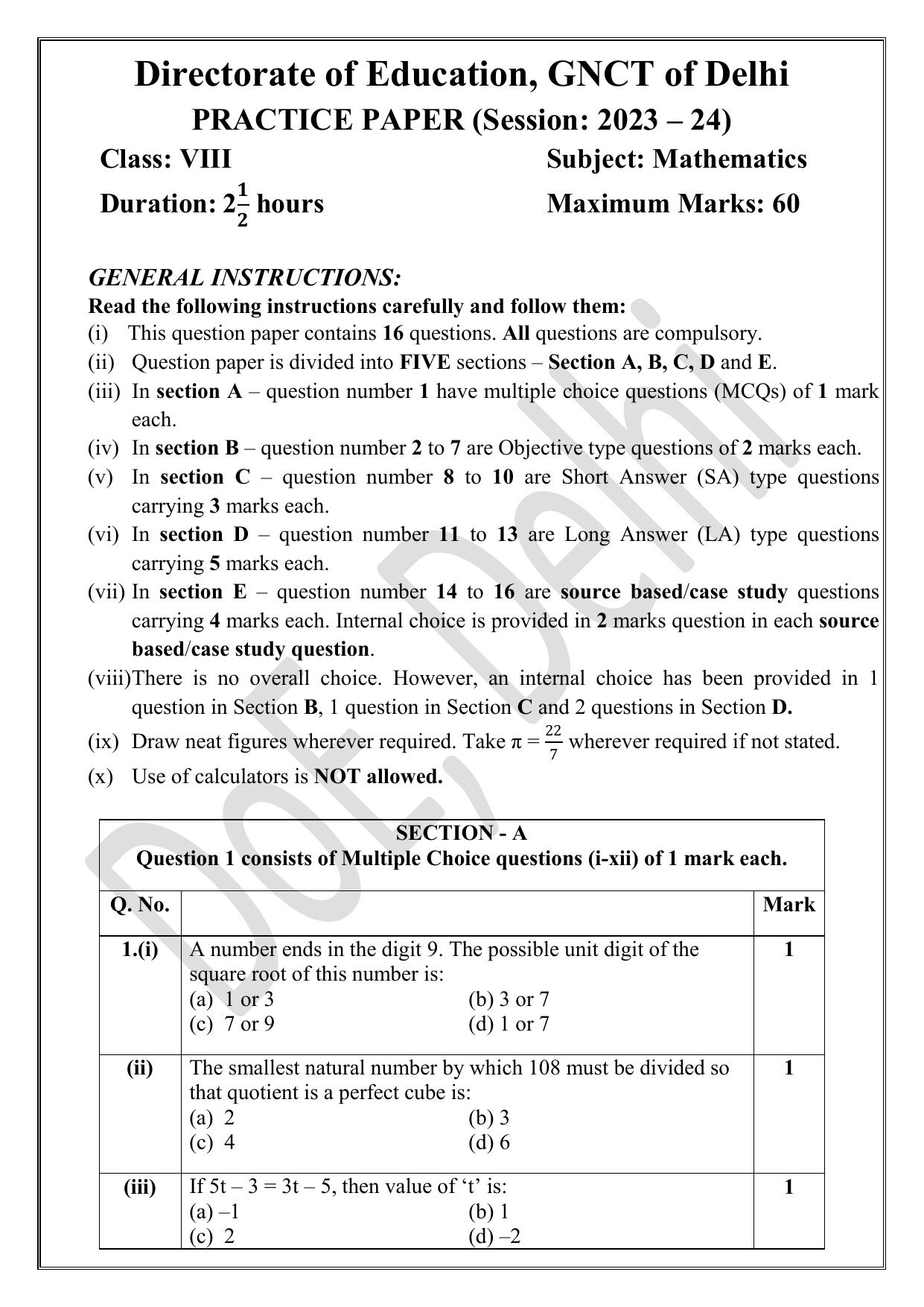 Edudel Class 8 Maths (English) Practice Papers-2 (2023-24) - Page 1