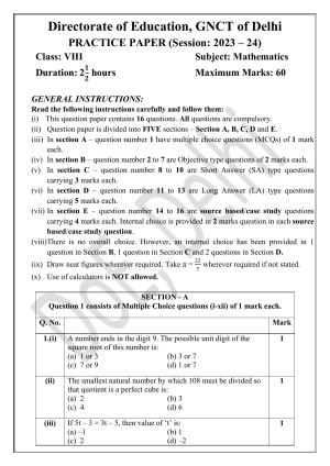 Edudel Class 8 Maths (English) Practice Papers-2 (2023-24)