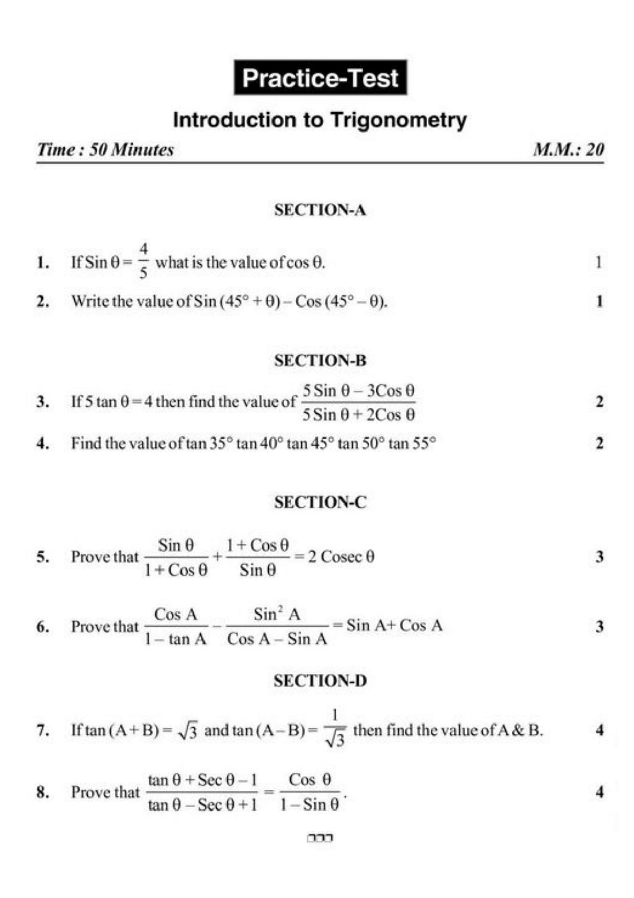 Class 10 Notes, Question & Practice Paper - Mathematics (Topic 8 : Introduction to Trigonometry) - Page 10
