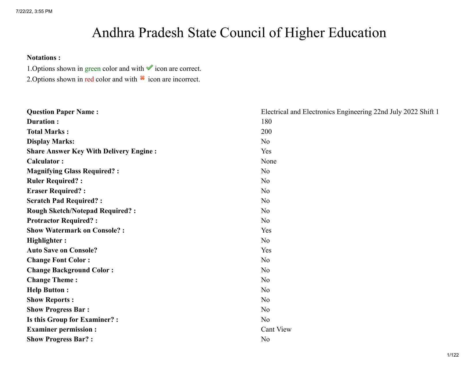 AP ECET 2022 - ELECTRICAL AND ELECTRONICS ENGINEERING Question Paper With Preliminary Keys - Page 1