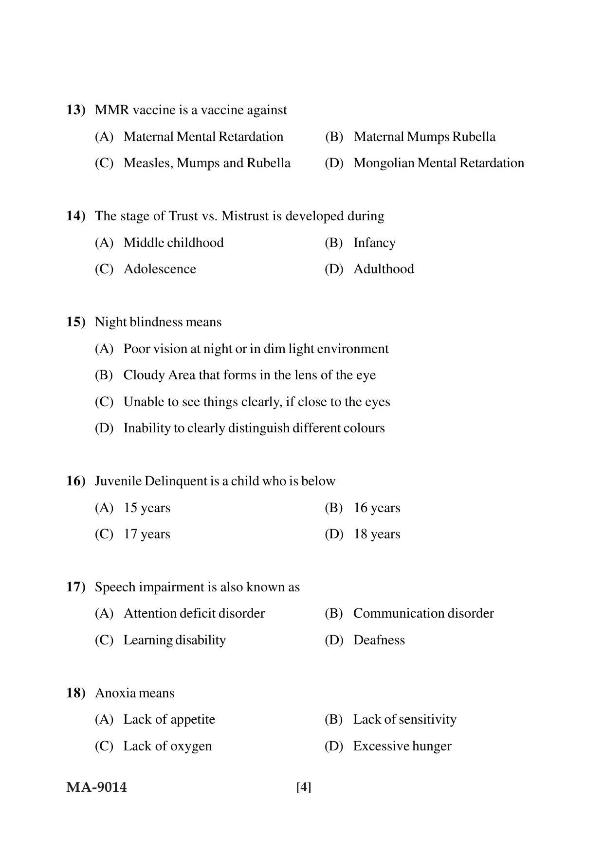 Mysore University PG Entrance Exam 2022: M.Sc. Human Development and Family Studies Question Paper - Page 4