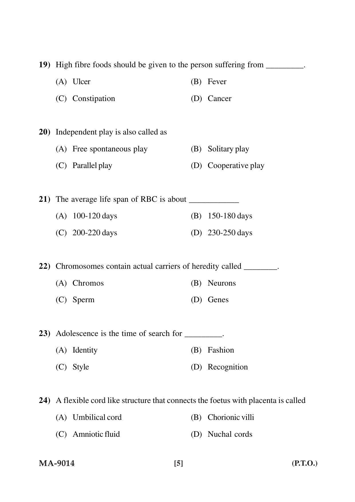 Mysore University PG Entrance Exam 2022: M.Sc. Human Development and Family Studies Question Paper - Page 5