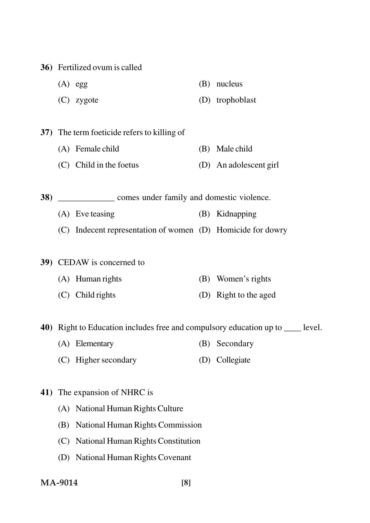 Mysore University PG Entrance Exam 2022: M.Sc. Human Development and Family Studies Question Paper - Page 8