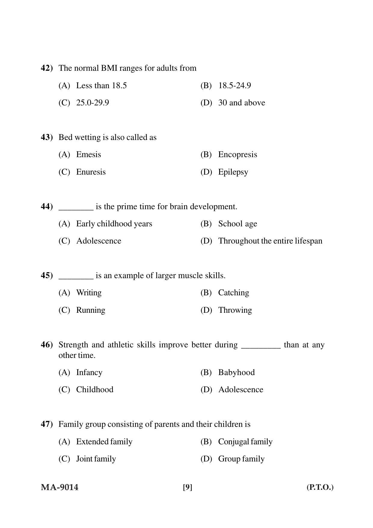 Mysore University PG Entrance Exam 2022: M.Sc. Human Development and Family Studies Question Paper - Page 9