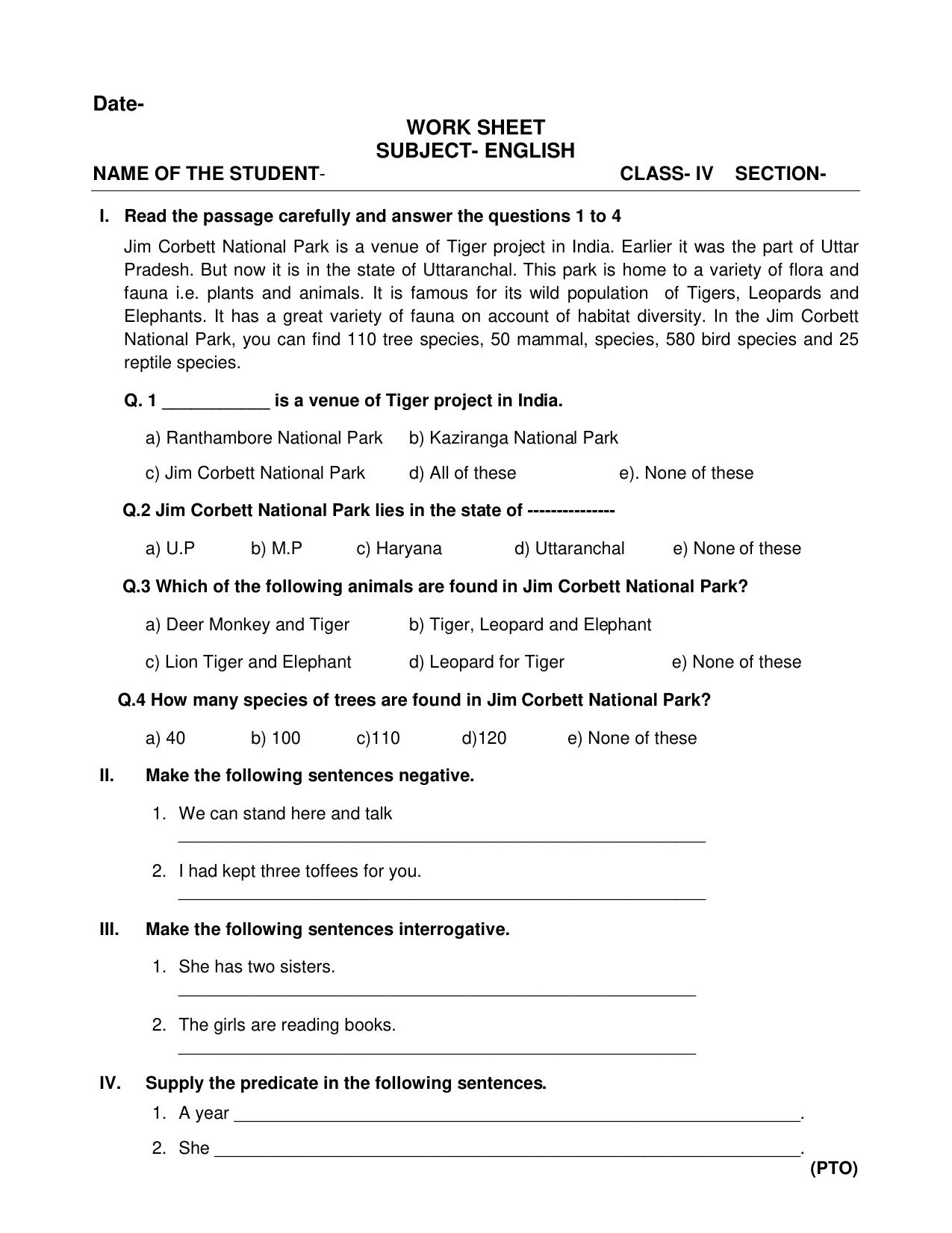 Worksheet for Class 4 English Assignment 140 - Page 1