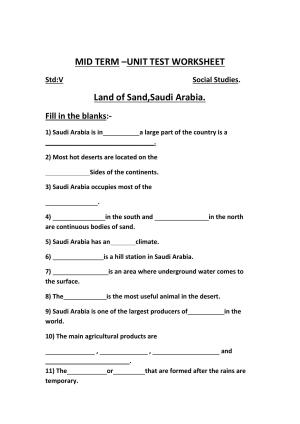 Worksheet for Class 5 Social Science Land of Sand, Saudi Arabia Assignment