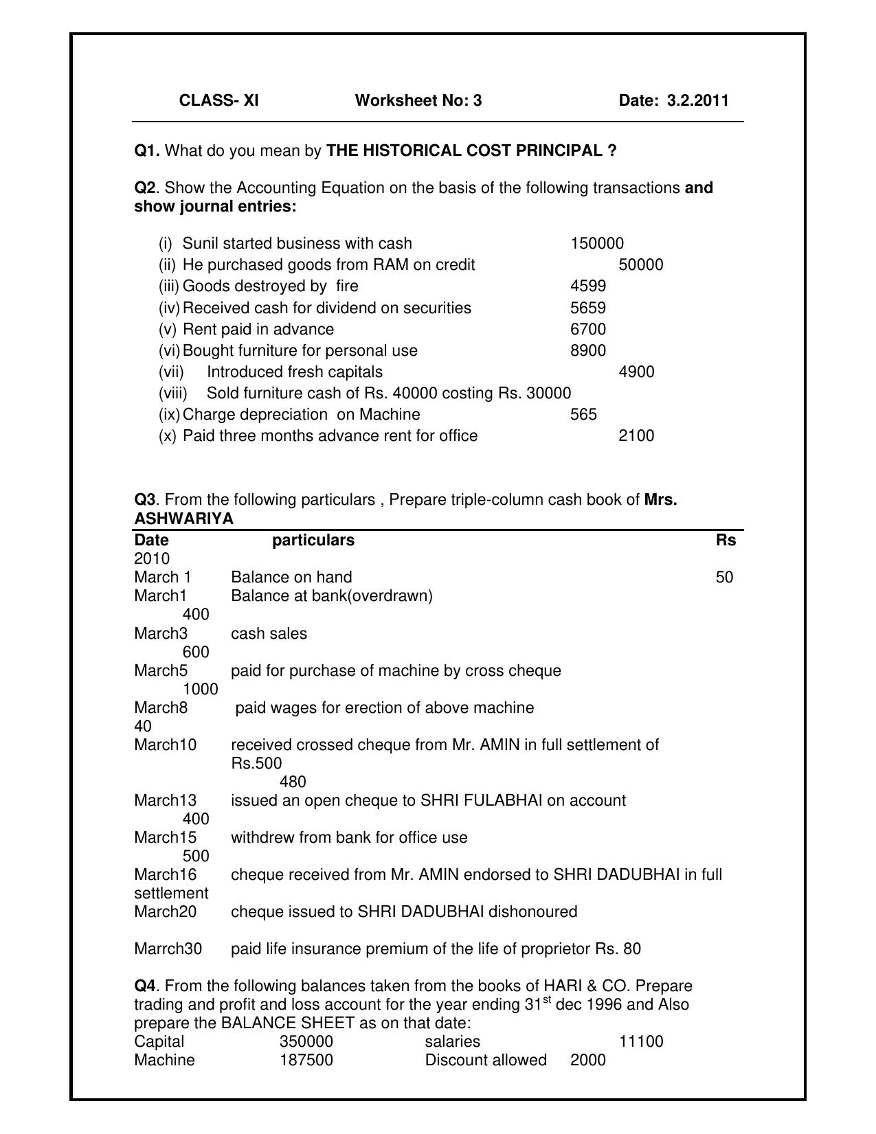 CBSE Worksheets for Class 11 Accountancy Assignment 2 - Page 1