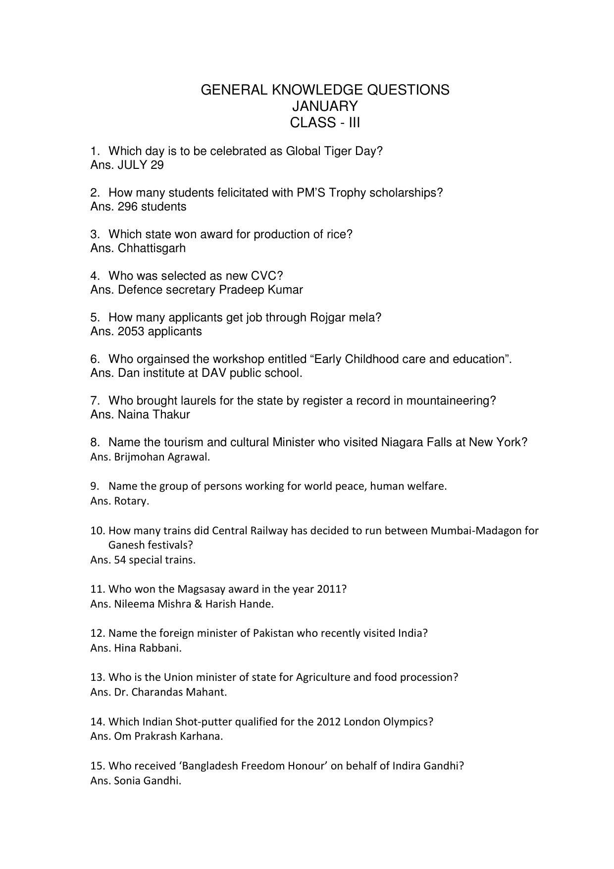 Worksheet for Class 3 GK Assignment 5 - Page 1