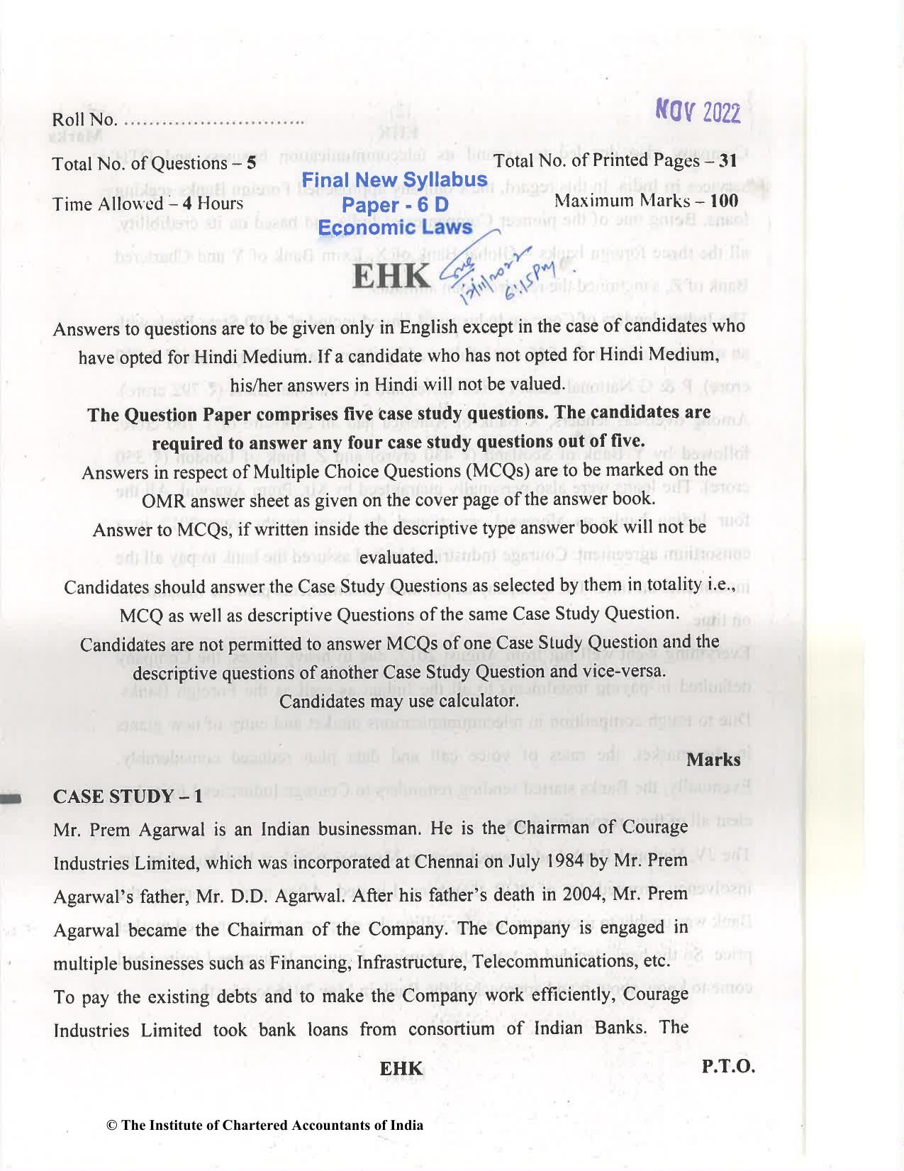 CA Final Nov 2022 Question Paper - Paper 6D – Economic Laws - Page 1